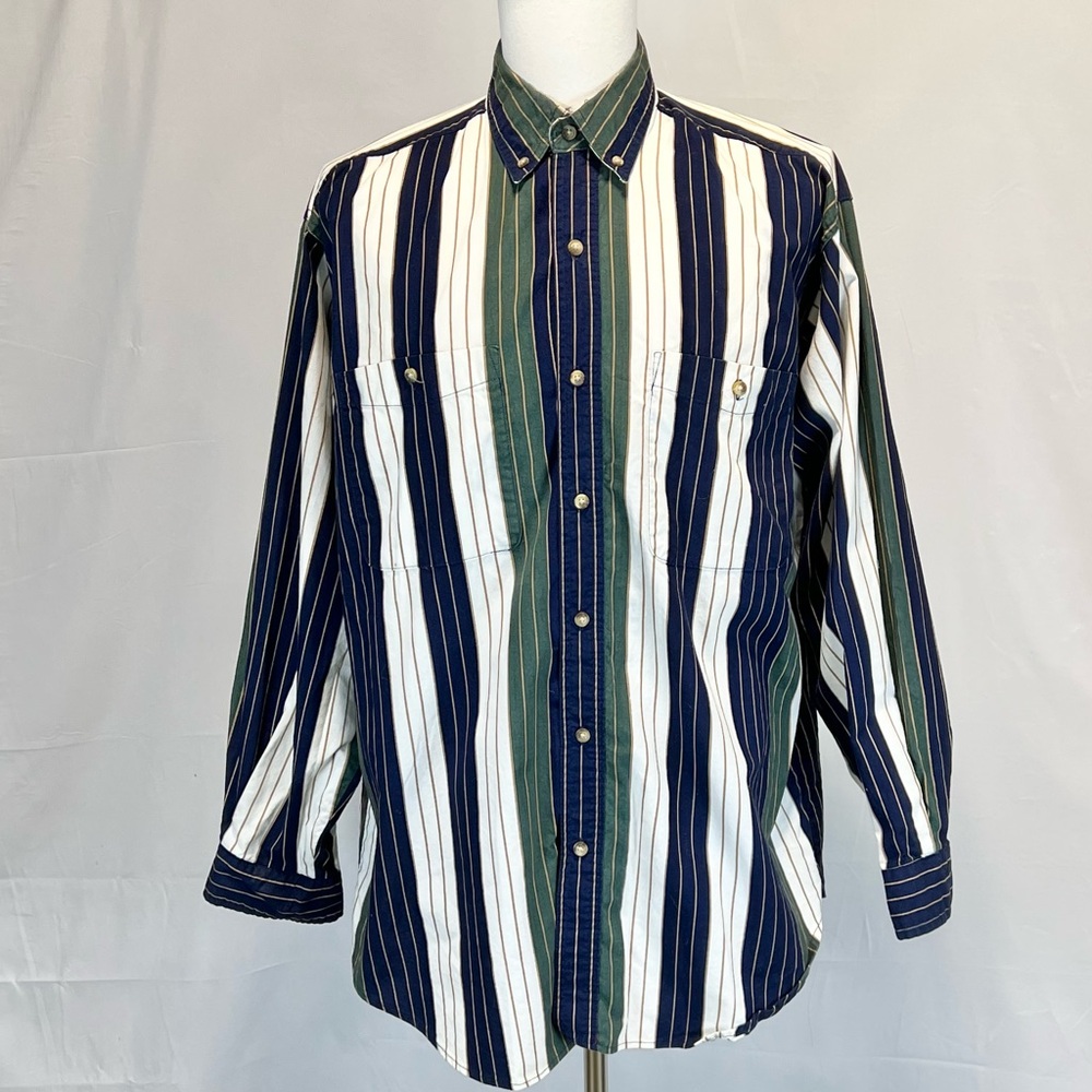 VINTAGE 90s men’s stripe button‎ down shirt 100% cotton blue green casual preppy - Picture 3 of 11